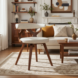 Sunvega Mid-Century Modern Swivel Dining Chair with Cream Fabric and Walnut Legs