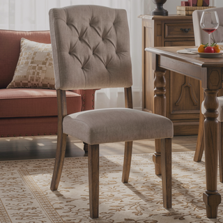 Sunvega Beige Linen Upholstered Transitional Side Chairs with Tufted Back and Tapered Legs