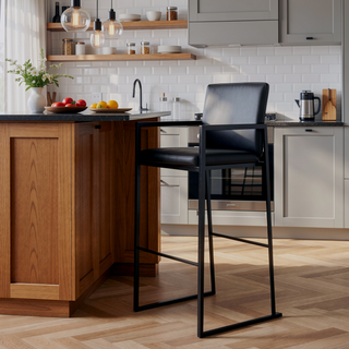 Sunvega Fuji Contemporary High Back Barstool in Black Steel and Faux Leather - Set of 2