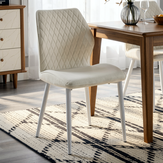 Sunvega Modern Beige Velvet Upholstered Dining Side Chairs with White Metal Legs