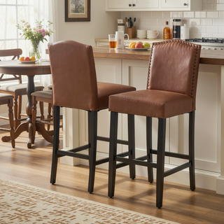 Sunvega Upholstered PU Leather Barstools Set of 2 with Rubberwood Legs 300LBS Capacity