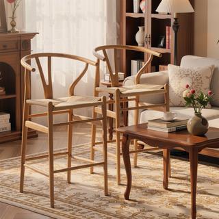 Sunvega Mid-Century Wishbone Barstool with Woven Papercord Seat Fully Assembled Walnut