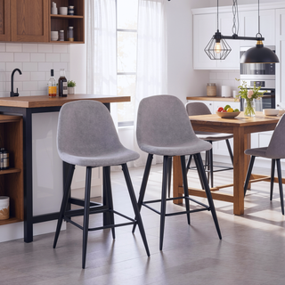 Sunvega Mid-Century Modern Black Metal Counter Stool with Light Grey Fabric