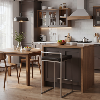 Sunvega Contemporary Brushed Stainless Steel Stackable Counter Stools with Brown Faux Leather