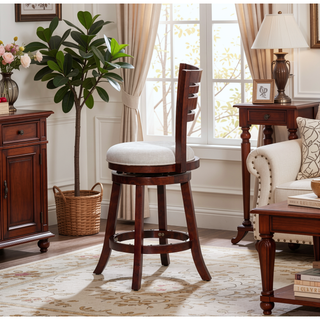 Sunvega Cherry Finish Beige Fabric Slat Back Swivel Stool for Counter Height