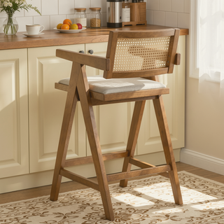 Sunvega Light Walnut Woven Rattan Wood Bar Chair Set with Padded Seats