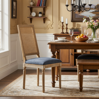 Sunvega French Country Dining Chairs with Cane Backrest Upholstered Seats and Fluted Legs