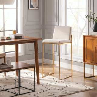 Sunvega Fuji Contemporary High Back Barstool with Padded Seat in Gold Steel and Beige Fabric