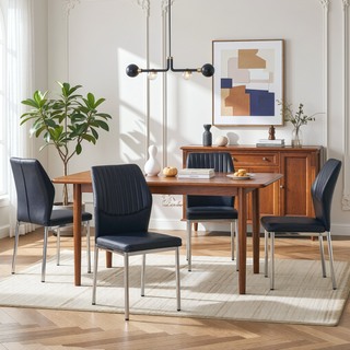 Sunvega High Resilience PU Dining Chair Set of 4 with Silver Metal Legs and Vertical Stripe Back