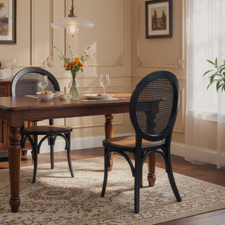 Sunvega Vintage Elm Wood Caning Dining Chairs with Rounded Backrest Set of 2