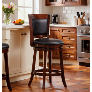 Sunvega Dark Cherry Finish Swivel Bar Chair with Black Faux Leather Upholstery