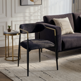Sunvega Black Chenille Side Chair with Golden Armrests and Padded Seat Set of 2