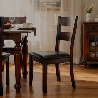 Sunvega Cherry Finish Wood Frame Bench with Dark Brown Faux Leather Upholstered Seat