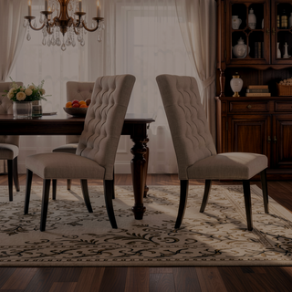 Sunvega Tan Linen Vintage Black Finish Button Tufted Side Chairs Set of 2