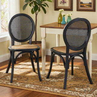 Sunvega Vintage Elm Wood Caning Dining Chairs with Rounded Backrest Set of 2