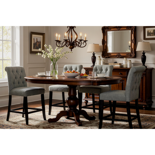 Sunvega Set of 2 Beige Chenille Upholstered Counter Height Chairs with Rustic Oak Legs