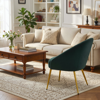 Sunvega Stylish Gold Metal and Green Velvet Upholstered Chair for Living Room