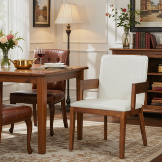 Sunvega Modern Walnut Finish Wood and White Glossy PU Leather Dining Chairs Set of 2