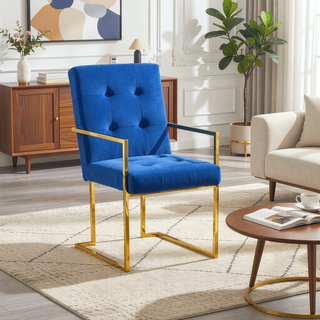 Sunvega Modern Linen Dining Arm Chair with Tufted Design and Gold Metal Base
