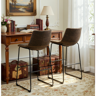 Sunvega Antique Brown Vintage PU Leather Barstools with Iron Frame, Set of 2