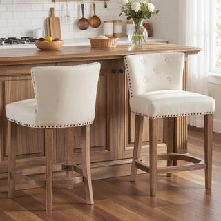 Sunvega Brown Wooden Bar Stools with Cow Top Leather Upholstered Seat and Backs