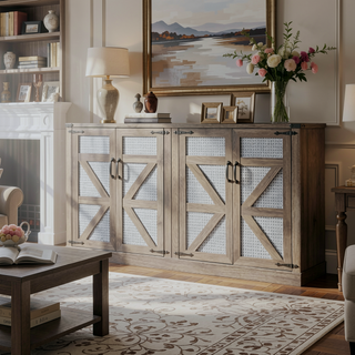 Sunvega 65-Inch Rustic Oak Faux Rattan Sideboard with Four Barn Doors for Living Room
