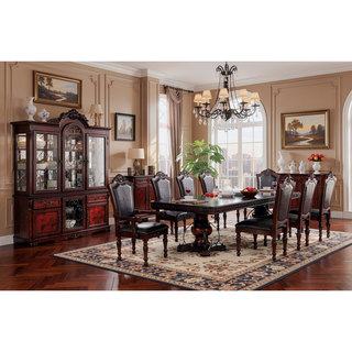 Sunvega Traditional Walnut Solid Wood Dining Chairs with Dark Brown Leatherette Seats