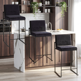 Sunvega Fuji High Back Counter Stool Set of 3 in Black Steel and Velvet