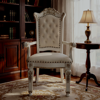 Sunvega Beige and Antique Pearl Tufted Back Arm Chairs with Nailhead Trim and Floral Legs