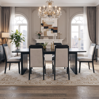 Sunvega Modern Wood Dining Side Chair with Black Frame and Ivory Upholstery Set of 2
