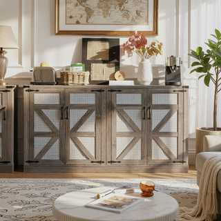 Sunvega 65-Inch Rustic Oak Faux Rattan Sideboard with Four Barn Doors for Living Room