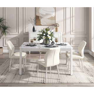 Sunvega Modern Beige Velvet Upholstered Dining Side Chairs with White Metal Legs