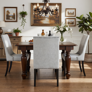 Sunvega Modern Light Gray Upholstered Dining Chairs with Black Nailhead Trim Set of 2