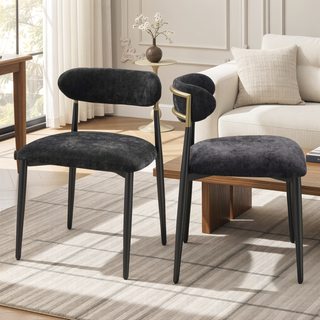 Sunvega Black Chenille Side Chair with Golden Armrests and Padded Seat Set of 2