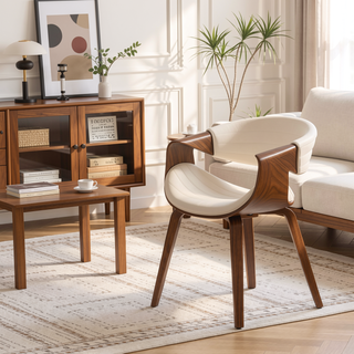 Sunvega Mid-Century Modern Dining Accent Chair with Walnut Wood Legs and Cream Faux Leather