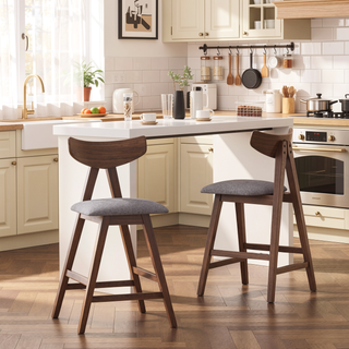 Sunvega Mid-Century Modern Rubberwood Counter Stool Set with Upholstered Seating