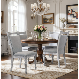 Sunvega Set of 2 Rustic White Rubberwood Dining Chairs with Gray Upholstery