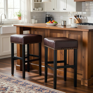 Sunvega Set of 2 Beige Backless Fabric Counter Height Barstools with Padded Seats