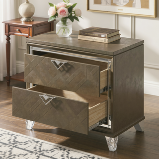 Sunvega Modern Glam Dark Champagne Finish Nightstand with 2 Embossed Drawers and Acrylic Legs