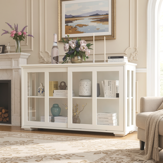 Sunvega White Kitchen Storage Stand Cupboard With Glass Door And Adjustable Shelves