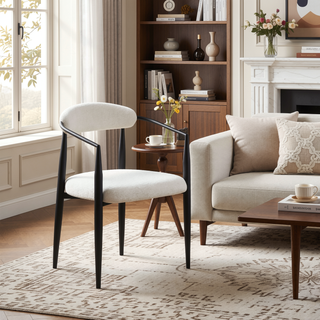 Sunvega Modern Dining Chairs Set of 2 with Round Boucle Backrest and Black Metal Legs