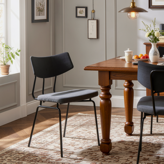 Sunvega Mid-Century Modern Black Metal and Dark Grey Faux Leather Dining Chairs