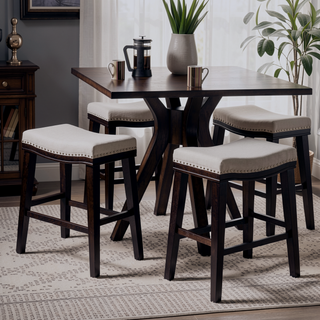 Sunvega Fabric Polyurethane Leather Bar Stools with Rubberwood Legs Dark Brown