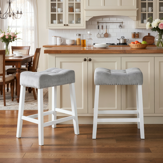 Sunvega Set of 2 Velvet Stools with Tufted Saddle Seats in White-Wash Finish