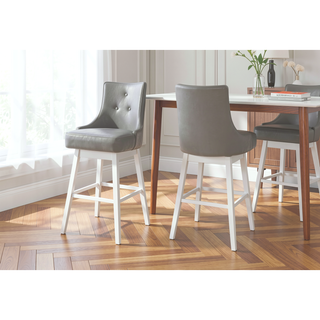 Sunvega Set Of 2 Swivel Bar Stools With Grey Leather Look Upholstery And White Wood