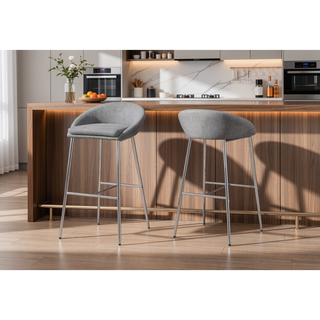 Sunvega Set of 2 Modern Bar Stools with Grey Fabric Upholstery and Chrome Legs