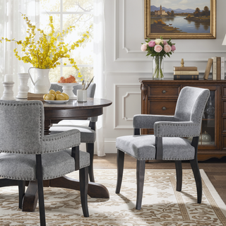 Sunvega Dawson Arm Dining Chair with Black Noir Wood Finish and Silver Nail Heads