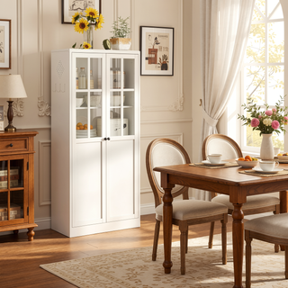 Sunvega Modern Kitchen Pantry Cabinet with Glass Doors and Adjustable Shelves for Living Room