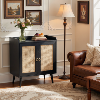 Sunvega Medieval Style Buffet Cabinet with Rattan Doors and Baffle Strip Design