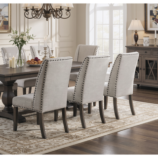 Sunvega Traditional Oak Finish Upholstered Wingback Side Chairs with Nailhead Trim